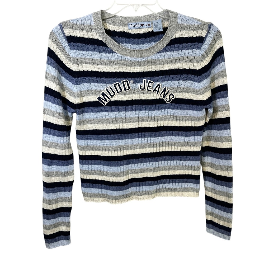 Mudd XL Top VTG Y2K Striped‎ Ribbed Knit Logo Sweater Blue Lizzie McGuire 1815
